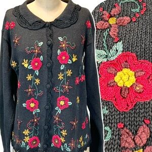 VINTAGE 90s woodland flower embroidered knit sweater cardigan button floral M‎